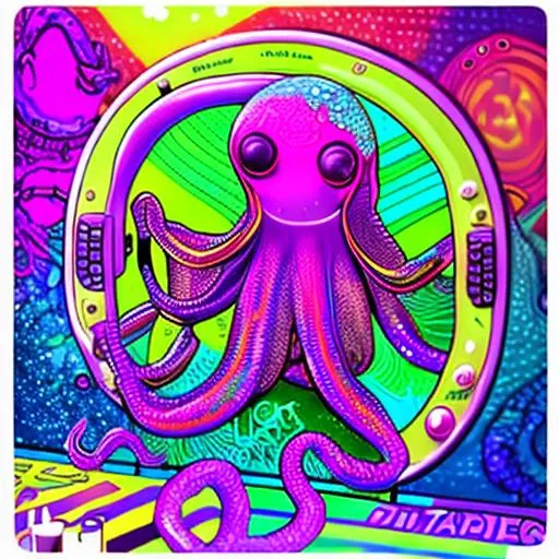 Prompt: rave octopus, octopus with headphones as discjockey, discjockey at underground rave party, discjockey perform in front of crowd, rainbow colors, high contrast, 
happy, comic style, dmt, lsd, sacred geometry, two vinyl record players, one dj mixer, 1990's style, acidhouse, neon colors, neonlights, lasers, high details, octane render, 4k