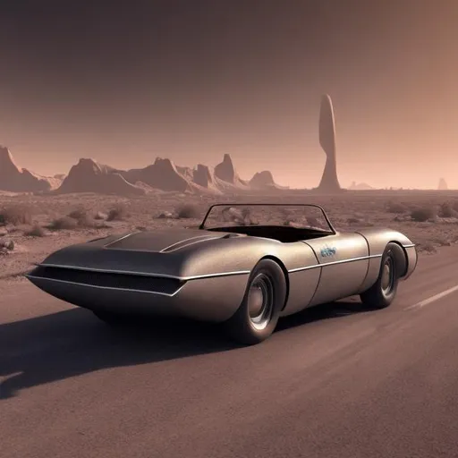 Prompt: futuristic drawing of a car from the 50s, driving through an apocalyptic landscape, deserted streets, destroyed buildings, realistic, 8k, hyperrealistic, clear light, sunlight,