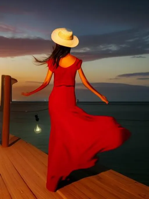 Prompt: woman midnight deck by the sea big hat red dress without shoes