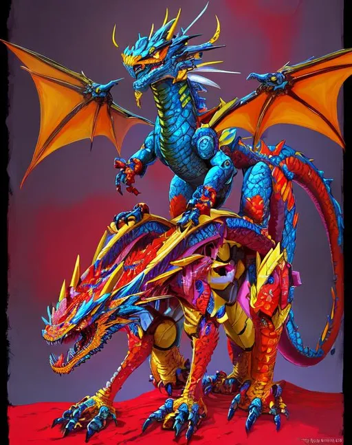 Prompt: Brightly colored, robotic dragon, painted in Brock Hofer style