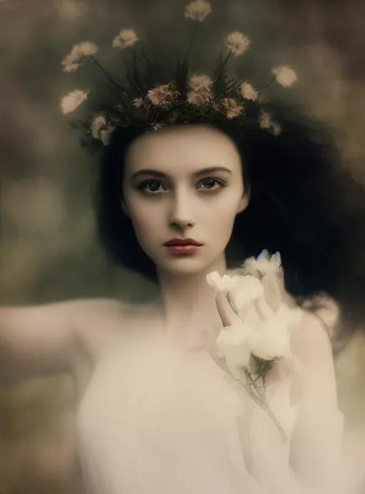 Prompt: fine art photo of the beauty goddess she has a crown of dried and background flowers, by oleg oprisco