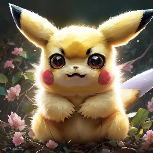 Prompt:   baby pikachu, flowers, forest colours, sparkling eyes, moonlight eyes, shining eyes, beautiful fur,  sharp features, highly detailed, digital painting, artstation, concept art, smooth, sharp focus, expressive eyes, illustration, art by Artgerm and greg rutkowski and alphonse mucha