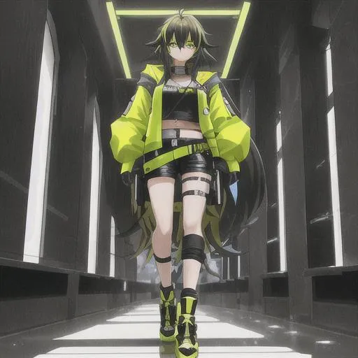 Prompt: cyberpunk, anime girl, {{{masterpiece, masterful}}}, full body light skin, high res, {long hair, dark brown hair with yellow highlights that reaches mid back},{monochromia, neon yellow eyes}, , {short hair}, {{{casual clothes, cyberpunk jacket with neon yellow hood, black cargo pants}}}, anime smile, anime art style, highly detailed