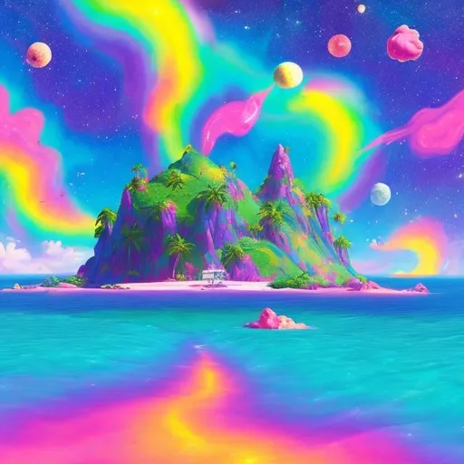 Prompt: An island in space inspired by Lisa frank