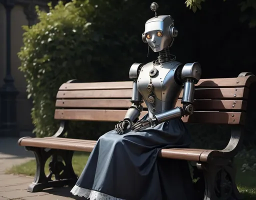 Prompt: Chiaroscuro, 8k, a digital painting of a tin robot servant, LED eyes, wearing Victorian styled dress, sitting on a bench outside, 