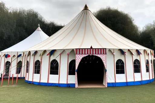 Prompt: a front facing view of  a white circus tent with a flap hanging down
