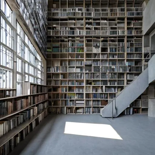 Prompt: a  brutalist architecture Library with lots of natural light