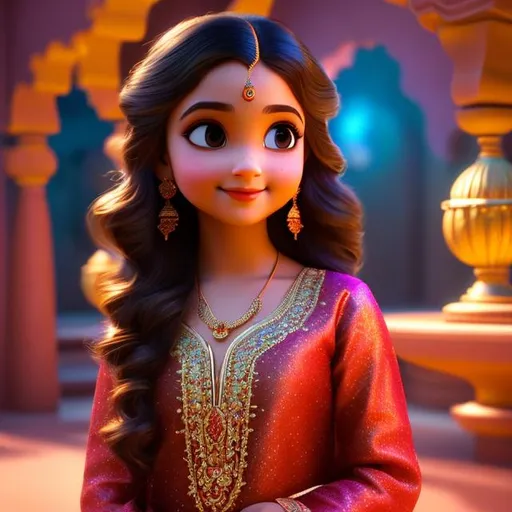 Prompt: A still from a 3d movie of Disney Indian little girl with dark brown long wavy hair. Wearing salwar, earrings, temple in the background, 3d blender render, Pixar inspired, Disney, clear detailed beautiful face, brown eyes, adorable. Spring vibes. 8k octane render unreal engine, surrealism
