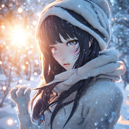 Prompt: (Ajin: Demi-Human:1.2) anime style, anime woman in the winter doing snowman, 1 woman, detailed skin texture, beautiful detailed, lens flare, colorful, masterpiece, best quality, ultra detailed, illustration, 