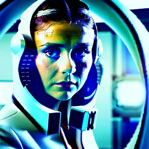 Prompt: Nina Dobrev is a futuristic civil servant dressed in a Space-1999-inspired business suit on a space station. photorealistic, accurate face
