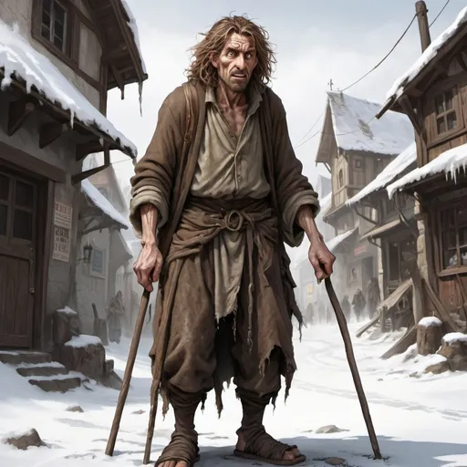 Prompt: Full body, Fantasy illustration of a beggar, in his fourties, insane expression, unkempt appearance, ragged cloth, peglegged, brown tangled hair, using a crutch intense gaze, high quality, rpg-fantasy, detailed, snow covered wiking town background