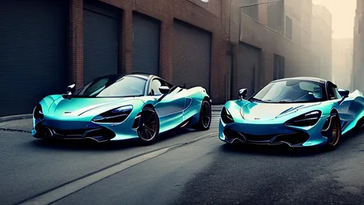 Prompt: McLaren 720s in light blue, in a dark forgotten trash filled alley way, no light coming in, with trash flying around, in the crack of dawn