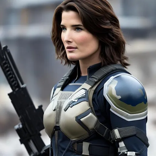 Prompt: cobie smulders, scifi winter soldier, warrior, armor, camo white, navy seal, winter