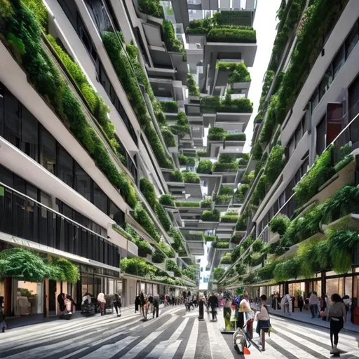 Prompt: Pedestrianized streets with vertical gardens and interactive hubs.