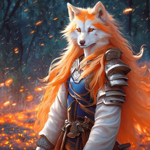 Prompt: Beautiful kitsune with vivid blue eyes that glow, long flowing orange hair, leather armor in a field surrounded by fireflies Hyperrealistic uhd, gunslinger, pistols, firebrand
