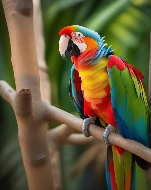Prompt: A vibrantly colored parrot perched on a branch, plumage intricately detailed down to each feather. Vivid tropical background places the parrot in its natural habitat. Bright natural lighting illuminates the subject. Shot with a 150-600mm telephoto lens on a Nikon D850 to capture precise detail from a distance. Vibrant, lively mood.