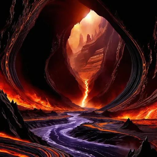 Prompt: An awe-inspiring alien landscape on the planet Vyrathis, centered on a colossal, raging river of black luminous fluid (liquid light:2.0) surging through a vast canyon. The inky black water churns and roars with immense power, forming violent rapids and swirling eddies (dynamic motion, glowing currents:1.9). The river’s surface shimmers with faint iridescent highlights, its luminous glow creating an ethereal contrast against the surrounding dark rocks and cliffs. Cascading tiers of rapids descend through the canyon, creating explosive sprays of mist (glowing black froth:1.8), while smaller tributaries spill into the main flow from towering cliffs.
The dark sun (shadowy, radiant darkness:2.0) casts a dim, eerie glow over the river, elongating shadows and infusing the scene with a surreal, otherworldly atmosphere. Along the riverbanks, vibrant bioluminescent flora (alien plant species, glowing dark hues:2.0) grow in abundance. Electric blues, neon greens, fiery oranges, and deep purples radiate from intricate vines, translucent petals, and spindly glowing tendrils. These plants sway in response to the river’s raging currents, their lights reflecting off the water and enhancing the river’s hypnotic beauty.
The alien fauna are sleek and surreal, perfectly adapted to the raging environment. Some creatures perch on glowing rocks that jut out from the rapids, their bioluminescent patterns pulsating faintly. Others leap effortlessly across the river’s narrow sections or hover just above the churning water (fluid, weightless motion:1.7). In calmer eddies near the riverbank, otherworldly creatures drink cautiously from the glowing black pools (vivid reflections on liquid light:1.8). The haunting, melodic calls of these creatures echo across the canyon, blending with the thunderous roar of the river.
In the distance, the river disappears into a massive, glowing cave system (hidden chambers, luminous depths:1.9), the entrance partially obscured by mist and cascading tributaries. The scene captures the immense power and fluidity of the raging river, balanced by the surreal beauty of the glowing bioluminescent flora and fauna, creating an awe-inspiring display of otherworldly majesty and motion.