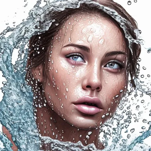 Prompt: Realistically image of a women's face with juicy lips and water drops pouring down her face