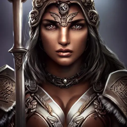Prompt: ultra realistic illustration, 100 mm lens, cinematic shot, full-body, front view, perfect angle, Young taned woman, leather armor with glowing runes, two swords, (detailed face, detailed eyes, detailed nose, detailed mouth and lips), short curly hair, expressive amused lips, beautiful, ultra detailed background, full-body. (Ultra detailed, finest detail, intricate), Epic composition, epic proportion