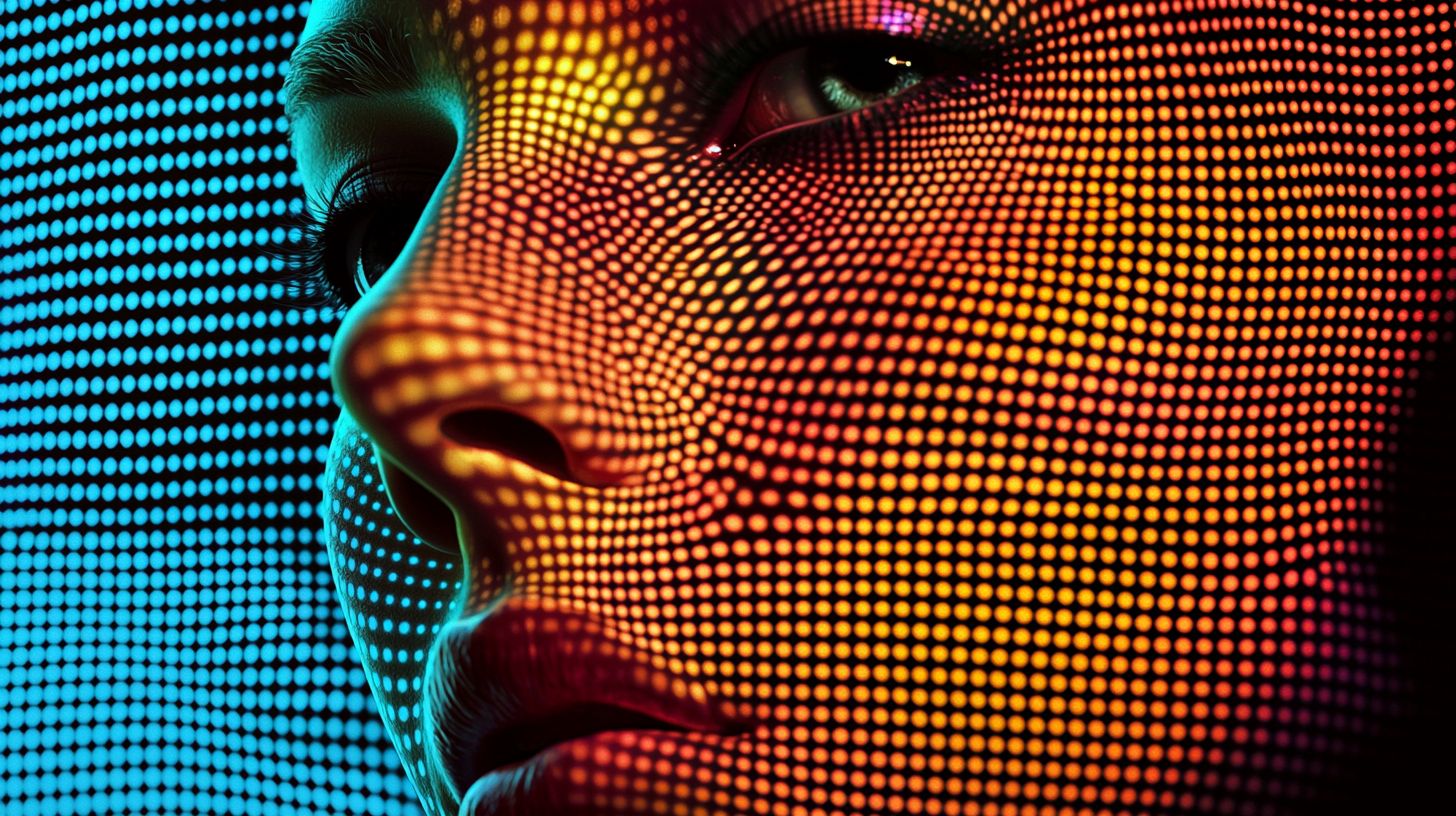 Prompt: 3d female face emerge from the digital dot matrix with variable colors