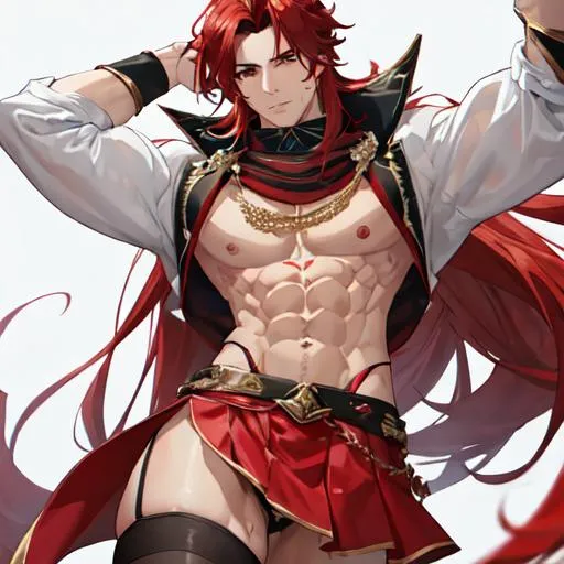 Prompt: Zerif 1male (Red side-swept hair covering his right eye) muscular, UHD, 8K, Highly detailed, insane detail, best quality, high quality. wearing a skirt, wearing thigh highs