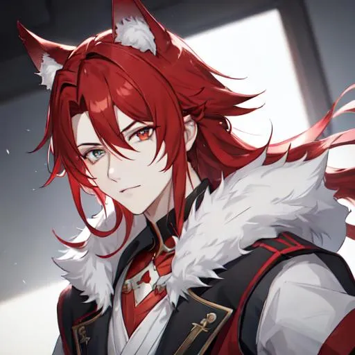 Prompt: Zerif 1male (Red side-swept hair covering his right eye) wolf-hybrid, UHD, 8K