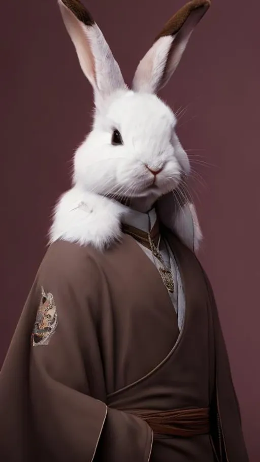 Prompt: Male Harengon, rabbit, character art adventurer, magical, vivid, photorealism, wearing magical robes, portrait, detailed face, magical robes, high fantasy, brown and white fur, rich, nice jewelry

High quality
High resolution 