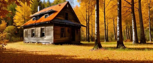 Prompt: Old orange house in autumn forest at noon