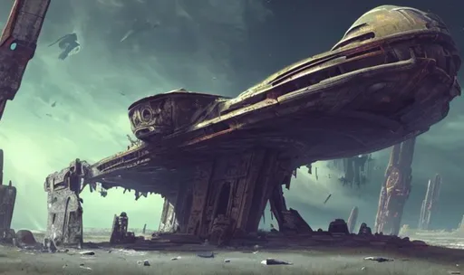 Prompt: wreck broken ancient huge old rusty spaceship dead bodys