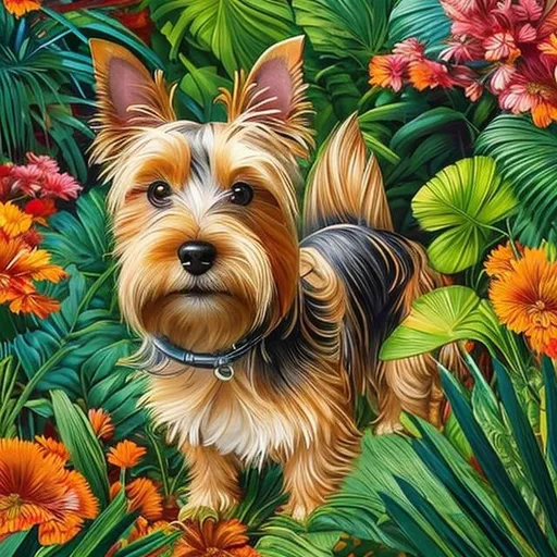Prompt: ((Australian terrier dog)), estilo art decco,  surrounded by a warm and vibrant jungle setting, The artwork should be highly detailed, Vivid, Intricate, and feature sharp focus, with inspiration drawn from the works of artists like artgerm and mandy jurgens, the colors should be bold and stand out, and the piece should be designed in a digital painting style, trending on artstation and deviantart
