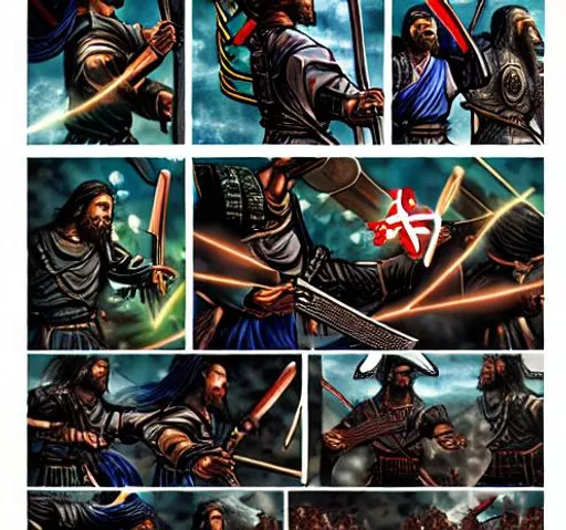 Prompt: Comic strip  Jesus Christ army very detailed new age painting style futuristic samurai saints with guns and swords battle against evil cyberpunk ninjas with electric swords highly detailed battle scene unreal engine 5 style 