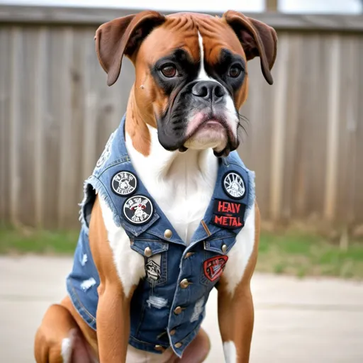 Prompt: boxer dog wearing a heavy metal music denim vest with patches