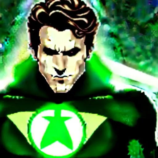 Prompt: Hal Jordan Ryan Reynolds Inspired, Green-Glowing-Cape floating in deep outer-space 