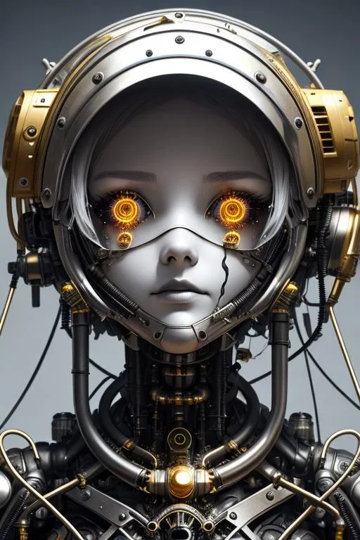 Prompt: (((((art by banksy))))), biopunk theme, 1girl, (((exoskeleton))), (((exhaling steam))), glaring, virtual eyes, silver, gold, everything flowing, everything melting, surreal, (((whimsical))), (((octane render))), ((vfx)), (detailed face and eyes)