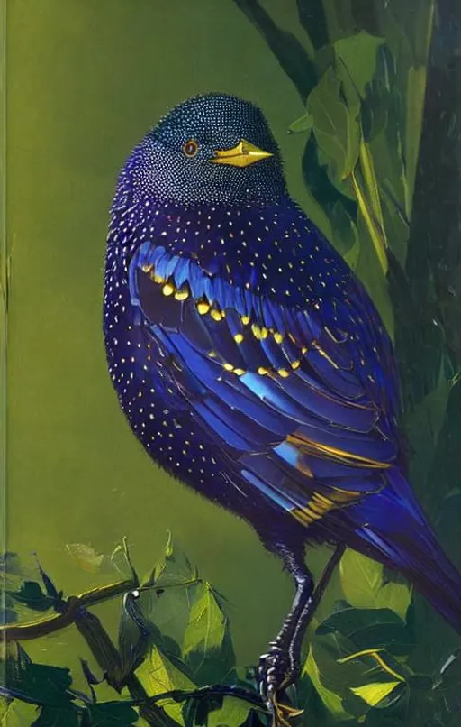 Prompt: Sparkling. An European starling portrait.  Art by taras loboda, van Gogh, Ana dittman, Ivan Bilibin, Jean-Baptiste Monge, pieter aertsen, robert bissell. Add Shimmering. 3d. Very clear resolution. Highly detailed.