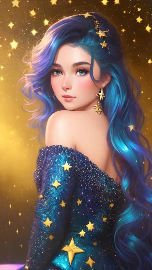 a beautiful girl on a dark blue background with gold... | OpenArt