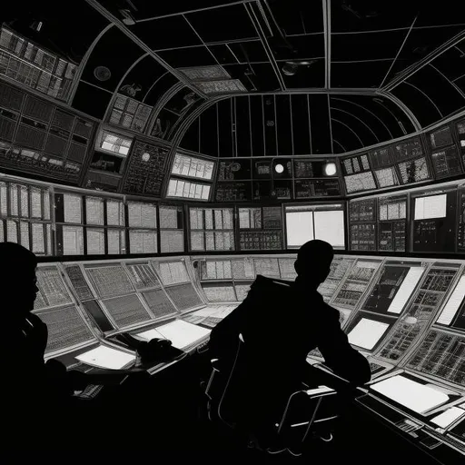 Prompt: a highly detailed lithograph of a busy air craft control room, chiaroscuro, cinematic, fine line detail, high contrast, dark shadows, soft orange monochromatic color palette, hyperbolic geometry