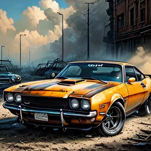 Prompt: ((best quality)), ((masterpiece)), ((realistic)), (detailed) illustration photographic,muscle-car,junkyard background,traditional,perfect composition , hd octane render,high resolution scan, masterpiece, hyperrealism, delicate detailed complex, highly detailed, intricate detailed, volumetric lighting, light reflection, highly detailed concept art, trending on artstation, vivid colors, dim lights, 8k uhd, realistic, Nikon z9, raytracing, (sharpness:2. 0)