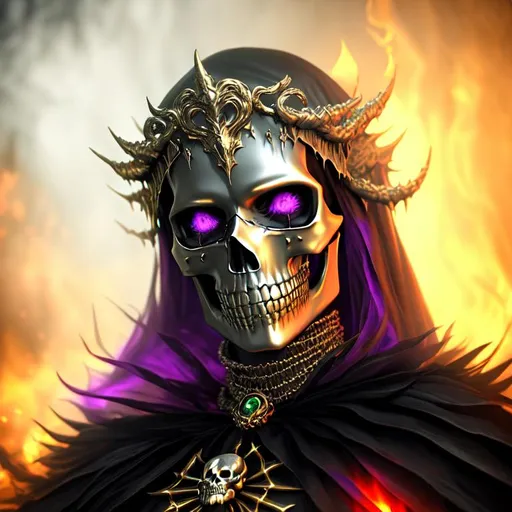 Prompt: Scary, horror, fantasy, ominous, cinematic, 3D, HD, {Liquid Metal}Skull, gold silver Green Red Purple, mist, expansive nightmarish background, hyper realistic, 8K --s98500