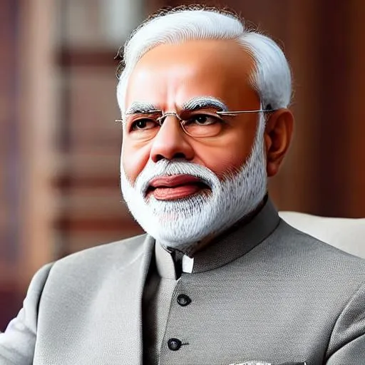 Prompt: Create an artistic portrait of Narendra Modi, the former Prime Minister of India, embodying his charismatic leadership and statesmanship. Depict him in a dignified manner, exuding confidence and determination. Capture the essence of his public speaking prowess, representing his ability to connect with the masses. Ensure that the image showcases his distinctive appearance, including his salt-and-pepper beard and signature attire. Consider the Indian flag or a symbol of the nation in the background to signify his role as a national leader. Focus on the warmth and approachability of his smile, reflecting his dedication to serving the people of India. Be mindful of cultural nuances and respectful in your portrayal. Your artwork should convey a sense of admiration and respect for his contributions to the nation's progress and development
