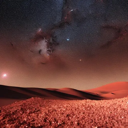 Prompt: red sand mountain at night, mars view, sky with twinkling star constellations, digital cinematic art