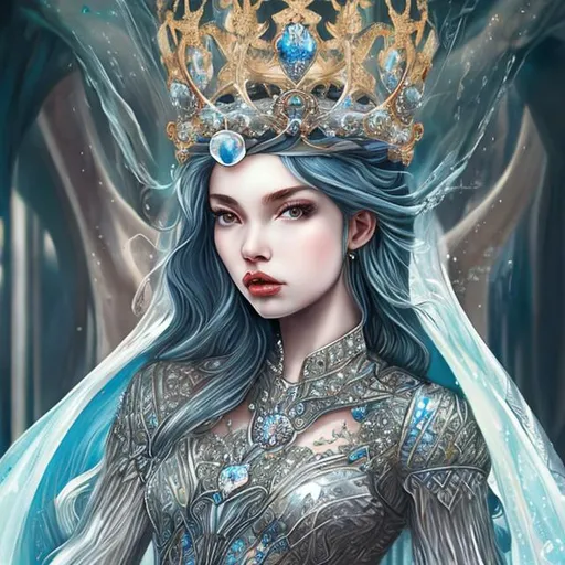 Prompt: Water queen with hyper detailed crown and dress in water


