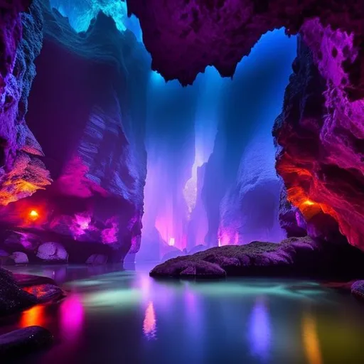 Prompt: Cave, water, dark, misty, crystals, blues greens purples, stream, underground, glow, fantsy, purple goblin like creatures, adventure, magic, dim lighting, add life