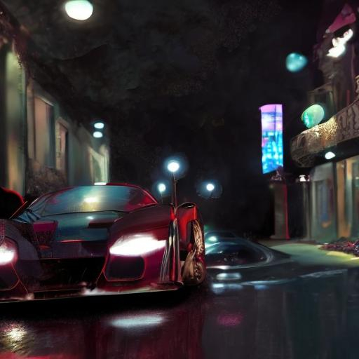 ferrari enzo parked in a Miami street alley, raining... | OpenArt