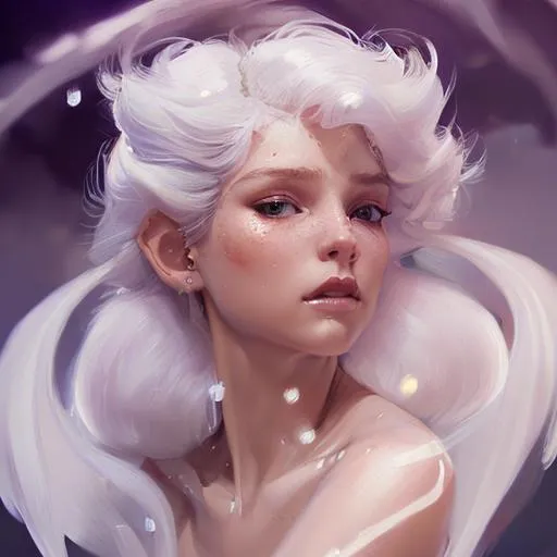 Prompt: Portrait of a goddess, white hair and red, hyper detailed, flowing, floating, casting magic, elf ears, angel wings, wearing a silver dress, oil painting effect Krenz Cushart + loish +gaston bussiere +craig mullins, j. c. leyendecker +Artgerm, oil painting texture.