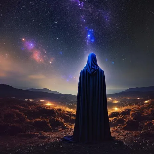 Prompt: A cloaked male standing in the distance, it’s dark out, and the sky is the most beautiful with stars and galaxies, the ground is softly lit in star light. 