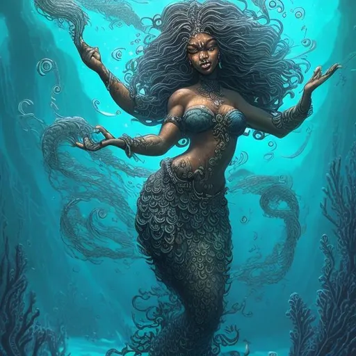 Prompt: Imagine a beautiful black underwater deity, her hair flowing like waves in the water, wielding a water trident, as fish swarm around her, wearing armor made of coral.