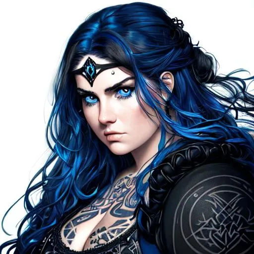 Prompt: a painting of a heavyweight woman with bright blue long wavy hair, round face, chubby face, by Luis Royo, amy sol in the style of, neon color scheme art rendition, annoyed expression, tattoos, detailed facial structure, (((barbarian))), (((warrior))), (((ready for battle))), black and white artwork, idealised, pastel drawing, digital art of an elegant, artgram, female water elemental, pinterest anime, charli bowater and artgerm