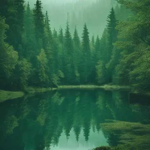 Prompt: dark green forest calm water with a small lake