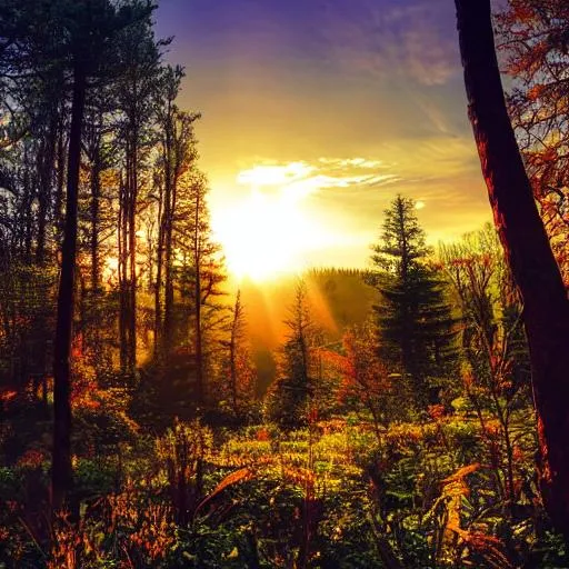 Prompt: beautiful sunrise in a forest

